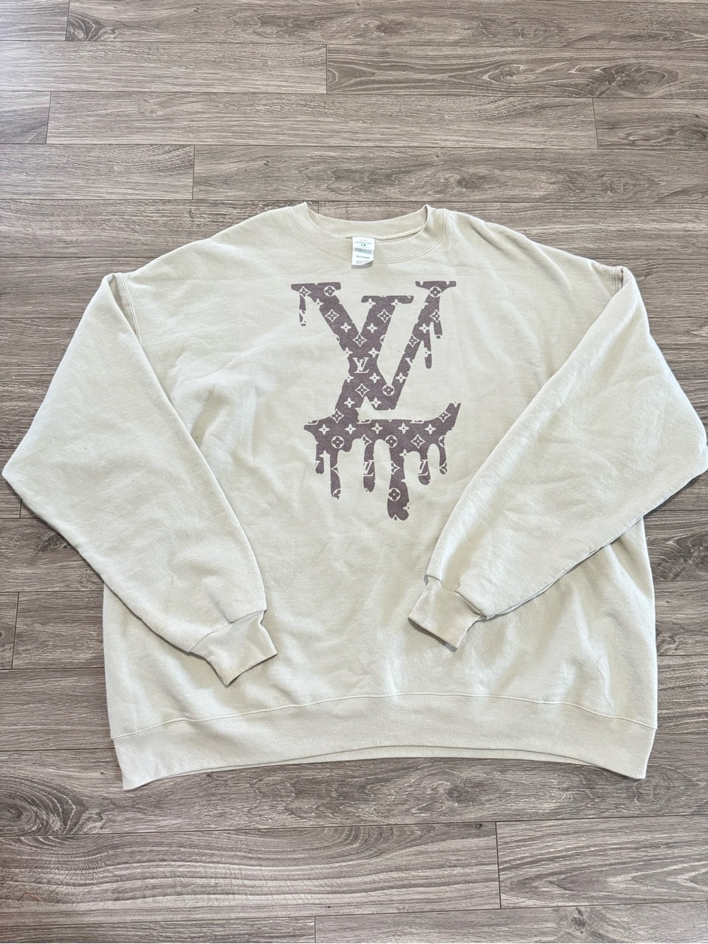 Cream Crewneck Sweater with Taupe Drip Logo
